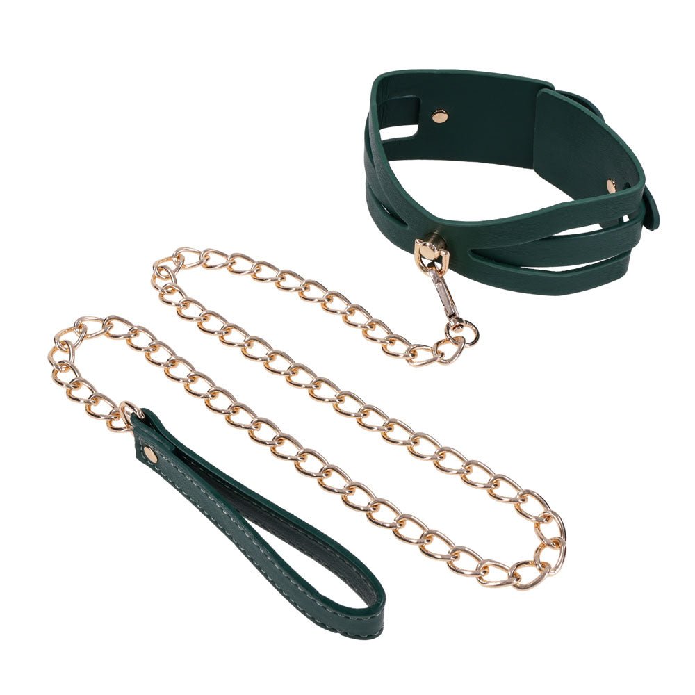Sex & Mischief Indica Cutout Collar and Leash - Green/Gold Restraint - Silk and Sin