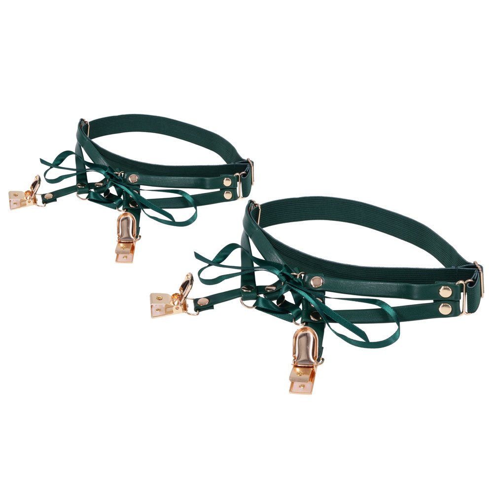 Sex & Mischief Indica Laced Up Garters - Green/Gold Garters - Set of 2 - silkandsin