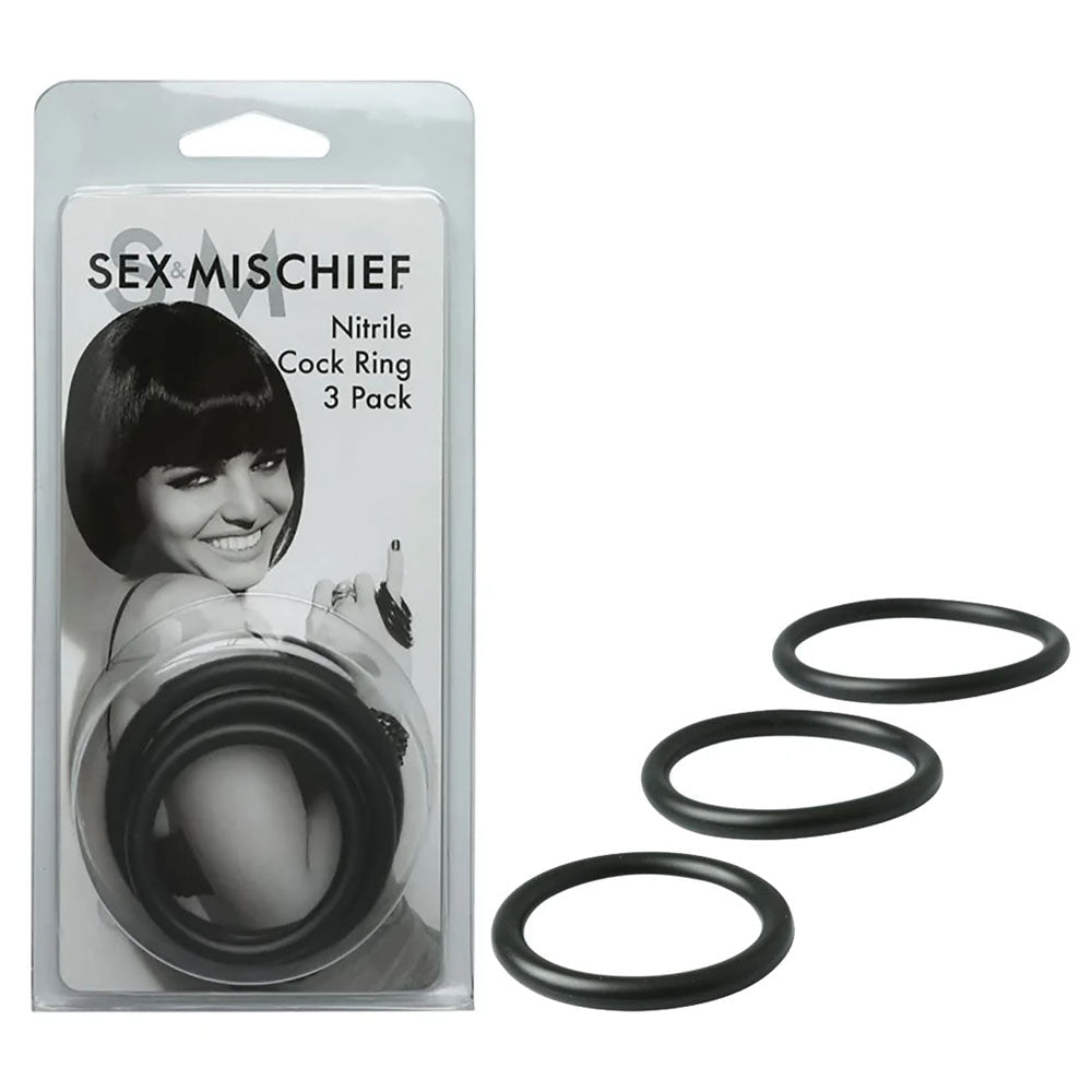 Sex & Mischief Nitrile Cock Ring 3 Pack - Black Cock Rings - Set of 3 Sizes - silkandsin