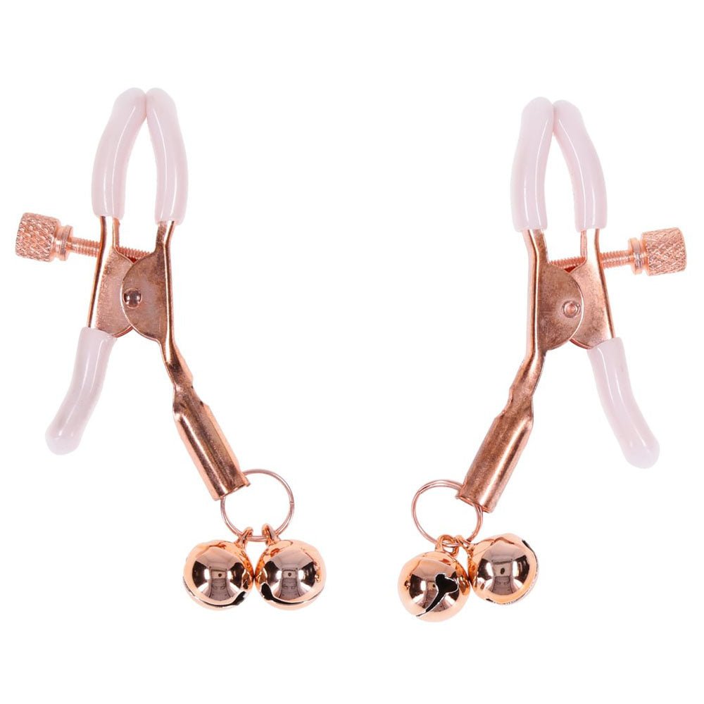 Sex & Mischief Peaches n CreaMe Bell Nipple Clamps - Peach/Rose Gold Nipple Clamps with Bells - Set of 2 - silkandsin
