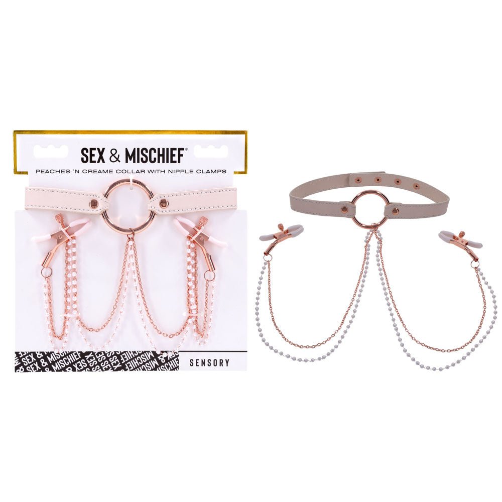 Sex & Mischief Peaches n CreaMe Collar with Nipple Clamps - Peach Nipple Restraints - silkandsin