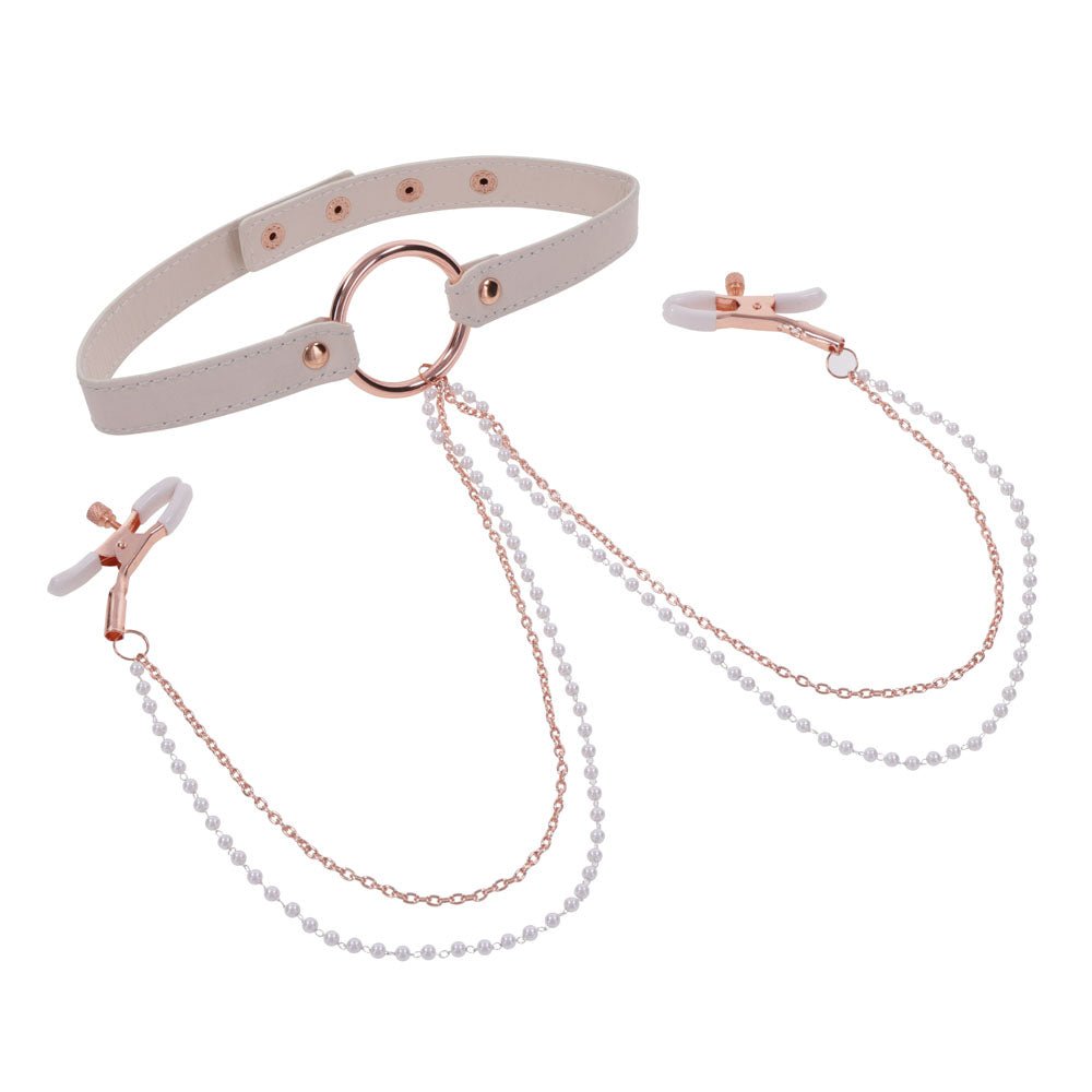 Sex & Mischief Peaches n CreaMe Collar with Nipple Clamps - Peach Nipple Restraints - silkandsin