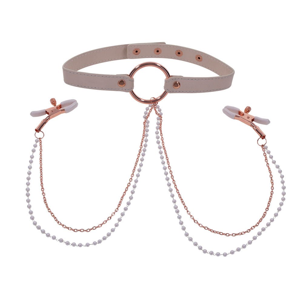 Sex & Mischief Peaches n CreaMe Collar with Nipple Clamps - Peach Nipple Restraints - silkandsin