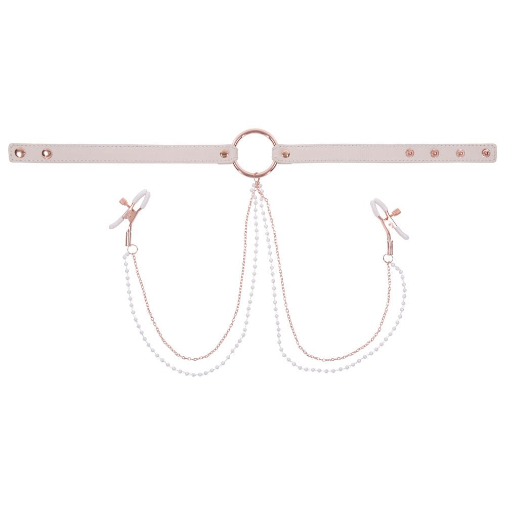 Sex & Mischief Peaches n CreaMe Collar with Nipple Clamps - Peach Nipple Restraints - silkandsin