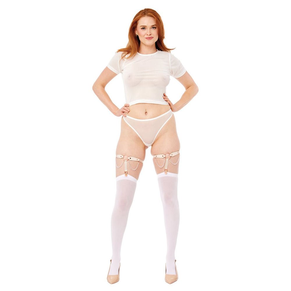 Sex & Mischief Peaches n CreaMe Pearl Garters - Peach / Rose Gold Garters with Pearls - Set of 2 - silkandsin
