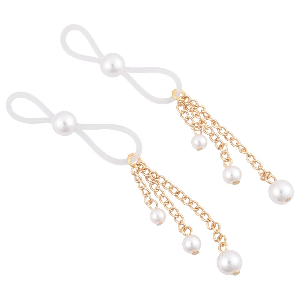 Sex & Mischief Pearl Nipple Ties - Gold/Pearl Nipple Restraints - Set of 2 - silkandsin