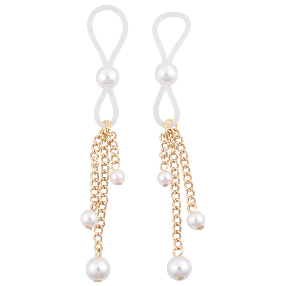 Sex & Mischief Pearl Nipple Ties - Gold/Pearl Nipple Restraints - Set of 2 - silkandsin