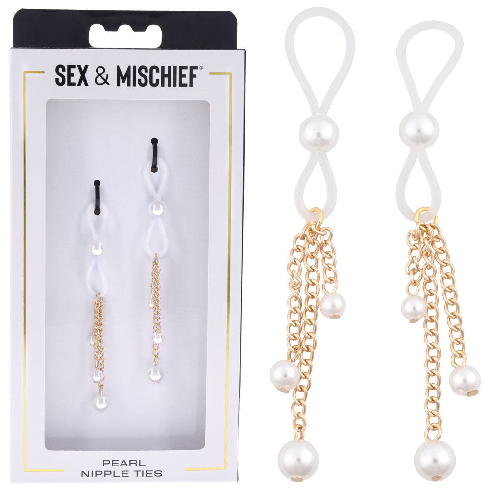 Sex & Mischief Pearl Nipple Ties - Gold/Pearl Nipple Restraints - Set of 2 - silkandsin
