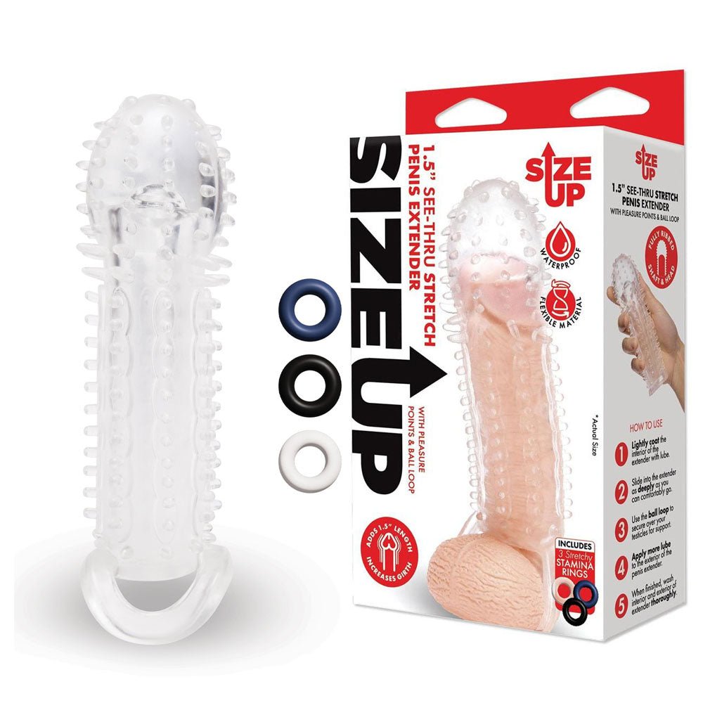 Size Up 1.5 Inch See - Thru Stretch Penis Extender - Clear 3.8 cm (1.5'') Penis Extension Sleeve - silkandsin