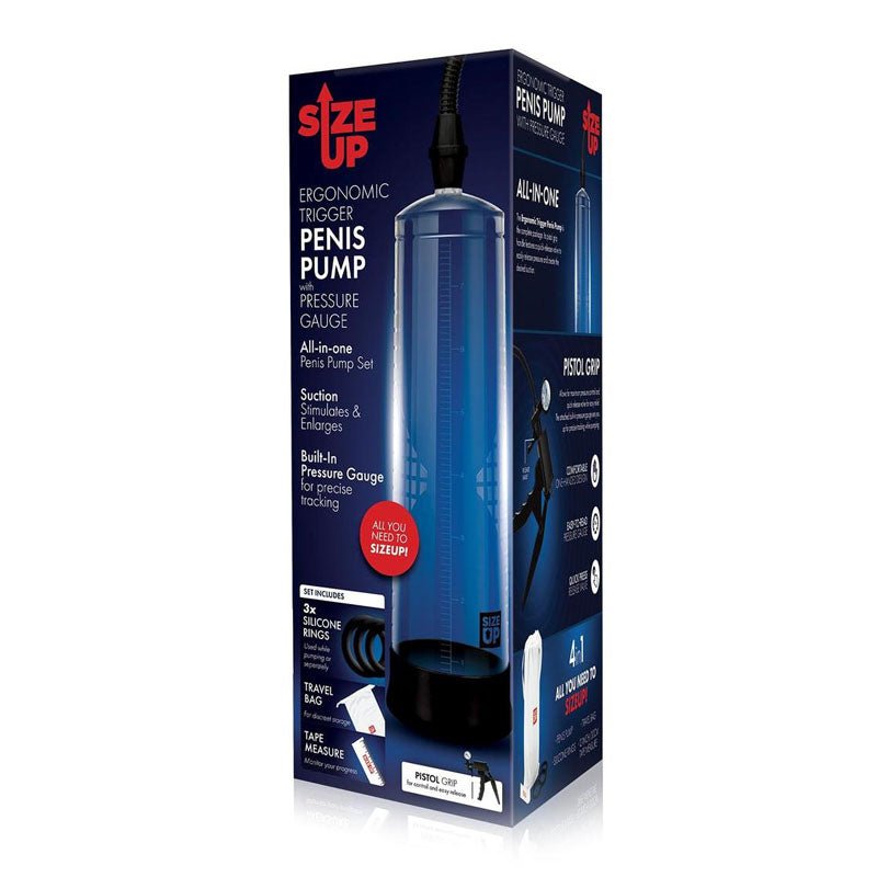 Size Up Ergonomic Trigger Penis Pump with Pressure Gauge - Clear Penis Pump - silkandsin