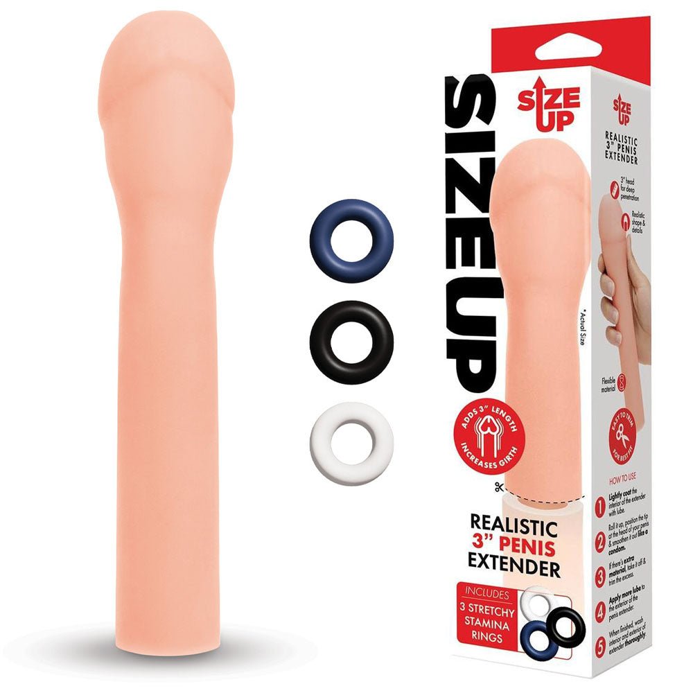 Size Up Realistic 3'' Penis Extender - Flesh 7.6 cm (3'') Penis Extension Sleeve - silkandsin