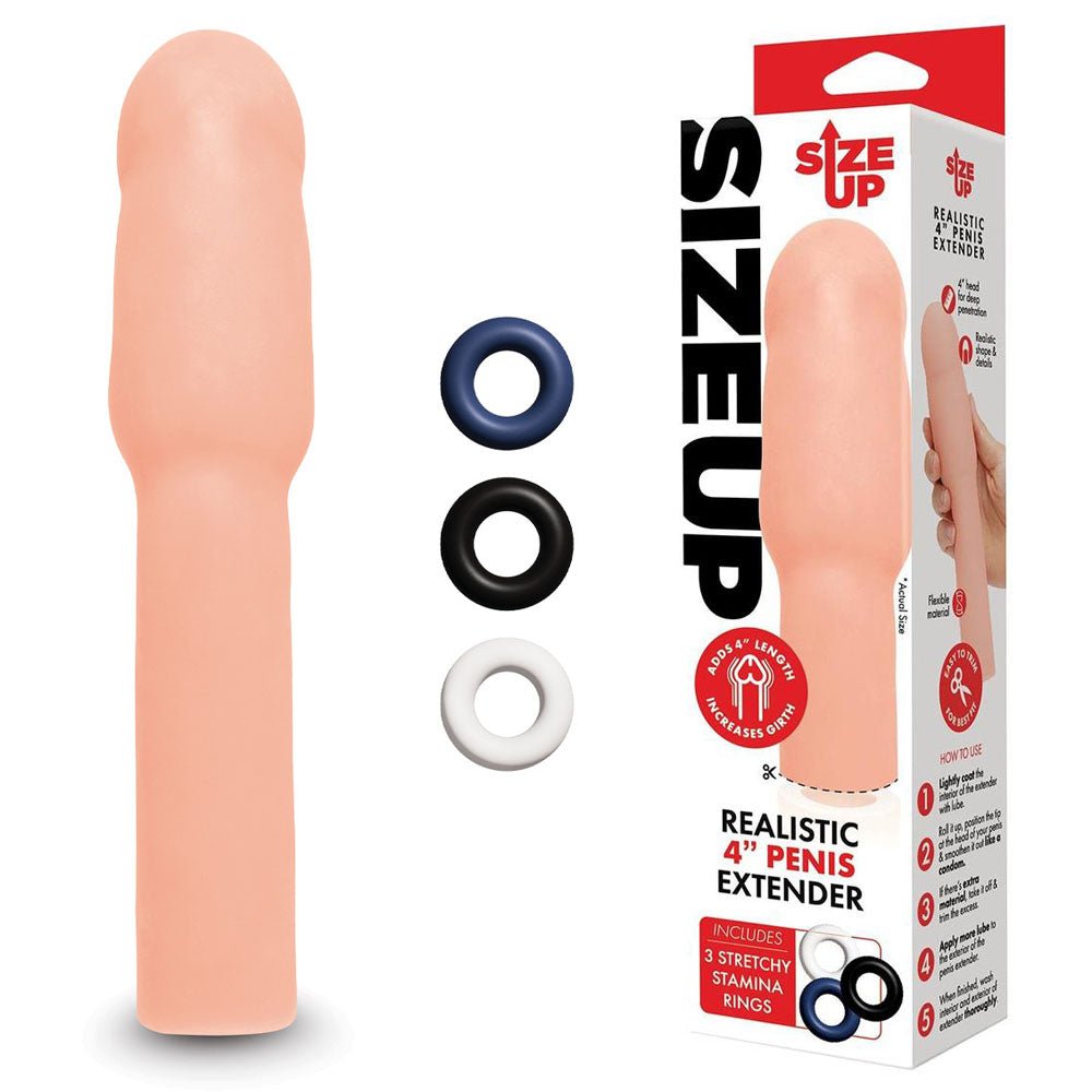 Size Up Realistic 4 Inch Penis Extender - Flesh 10.1 cm (4'') Penis Extension Sleeve - silkandsin