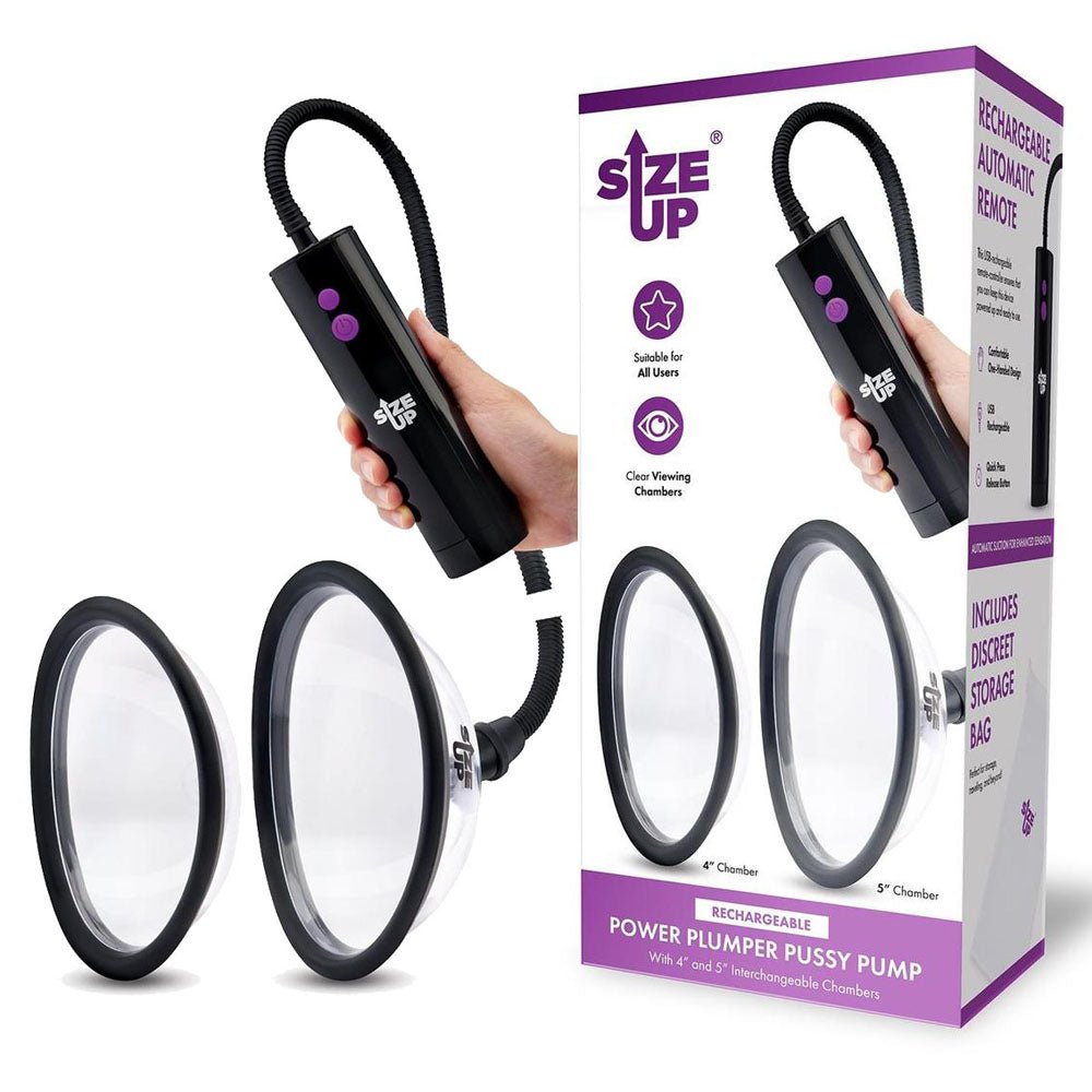 Size Up Rechargeable Power Plumper Pussy Pump - Clear USB Rechargeable Vagina Pump with Interchangeable Chambers - silkandsin
