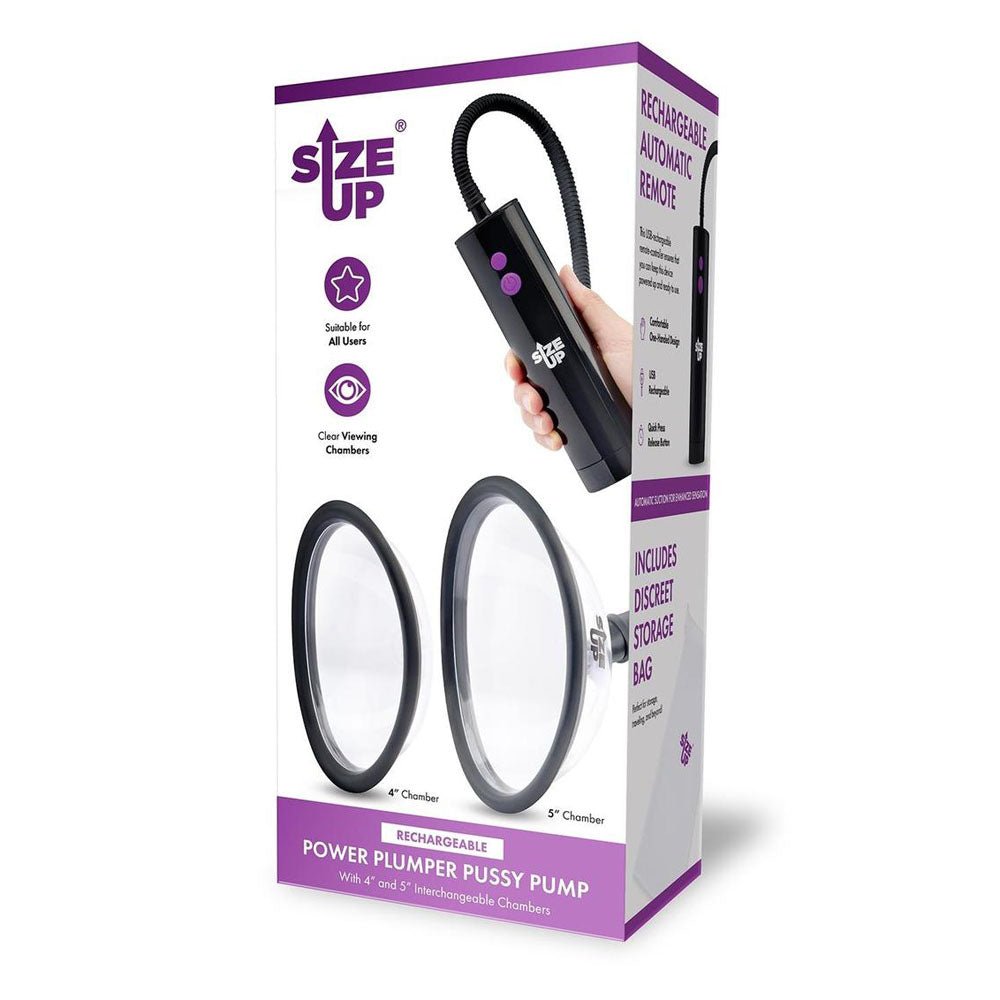 Size Up Rechargeable Power Plumper Pussy Pump - Clear USB Rechargeable Vagina Pump with Interchangeable Chambers - silkandsin