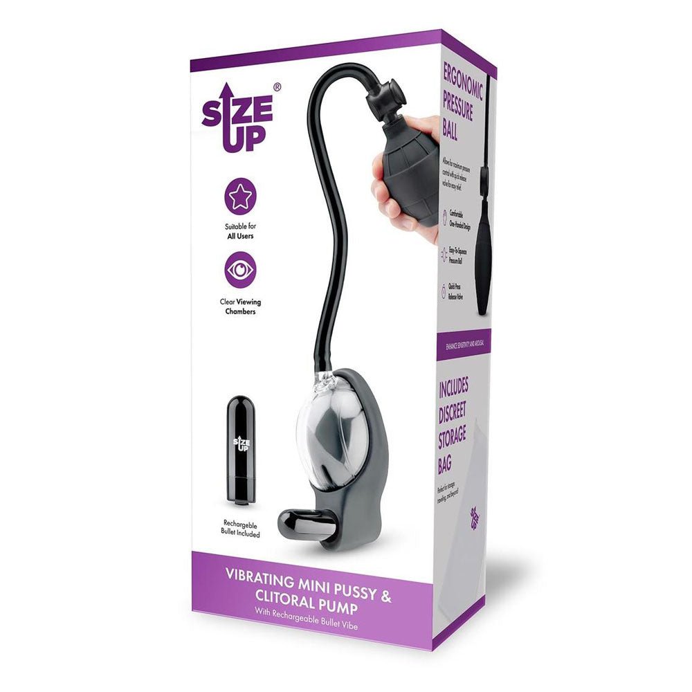 Size Up Vibrating Mini Pussy & Clitoral Pump - Clear USB Rechargeable Vibrating Vaginal and Clitoral Pump - silkandsin