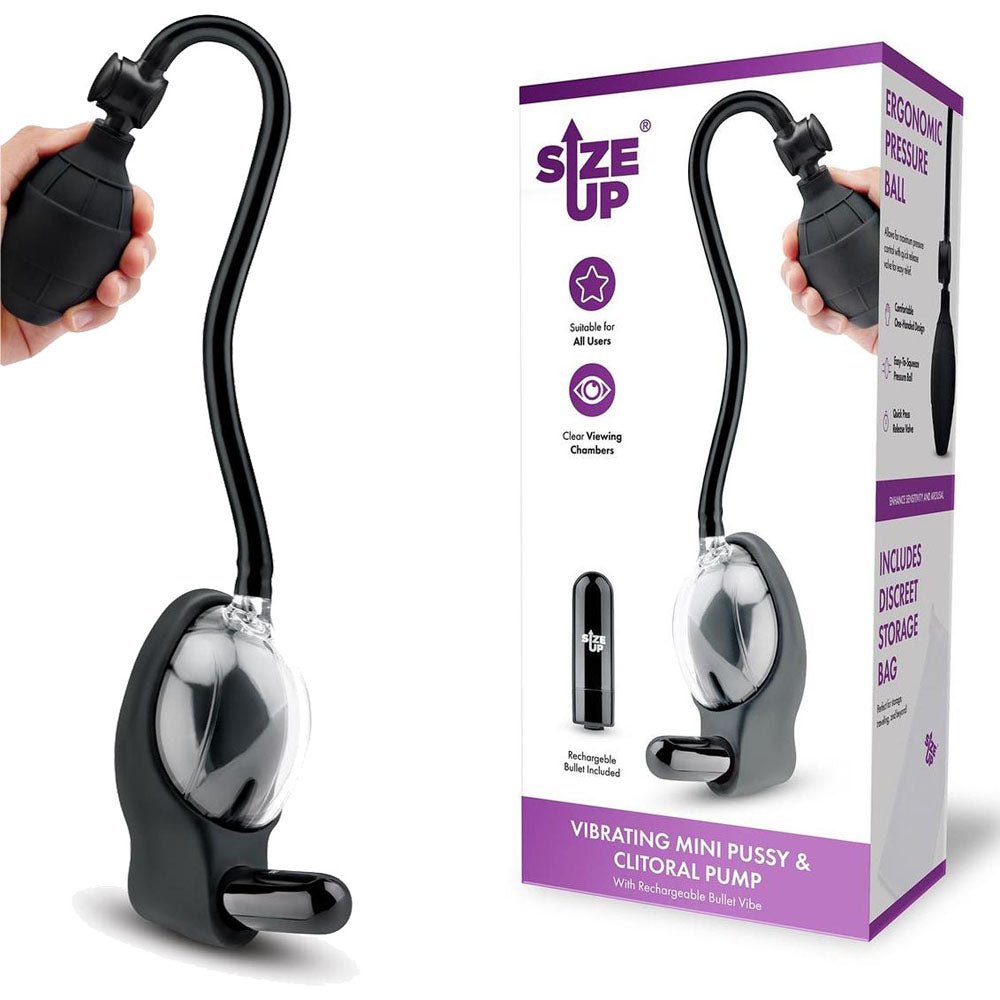 Size Up Vibrating Mini Pussy & Clitoral Pump - Clear USB Rechargeable Vibrating Vaginal and Clitoral Pump - silkandsin