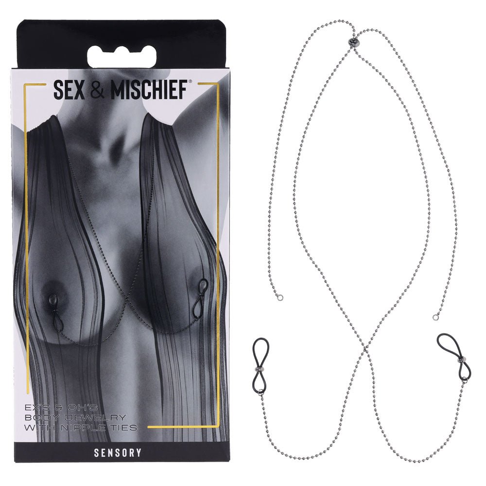 S&M Exs & Ohs Body Jewelry with Nipple Ties - Metal Chain with Nipple Ties - silkandsin