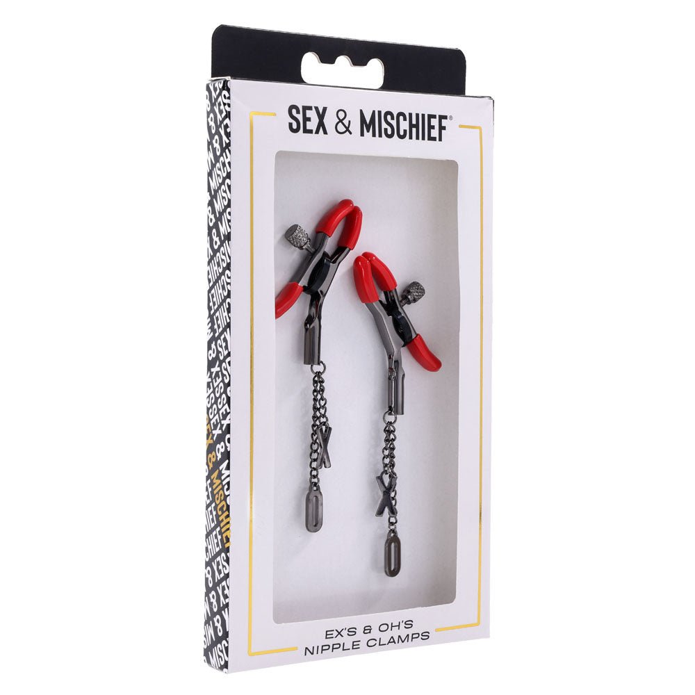 S&M Exs & Ohs Nipple Clamps - Red Tipped Metal Nipple Clamps - Set of 2 - silkandsin