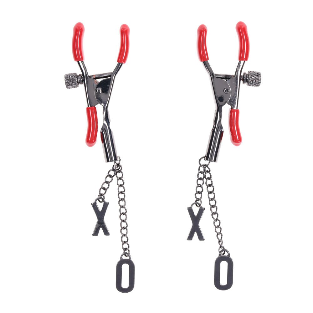 S&M Exs & Ohs Nipple Clamps - Red Tipped Metal Nipple Clamps - Set of 2 - silkandsin
