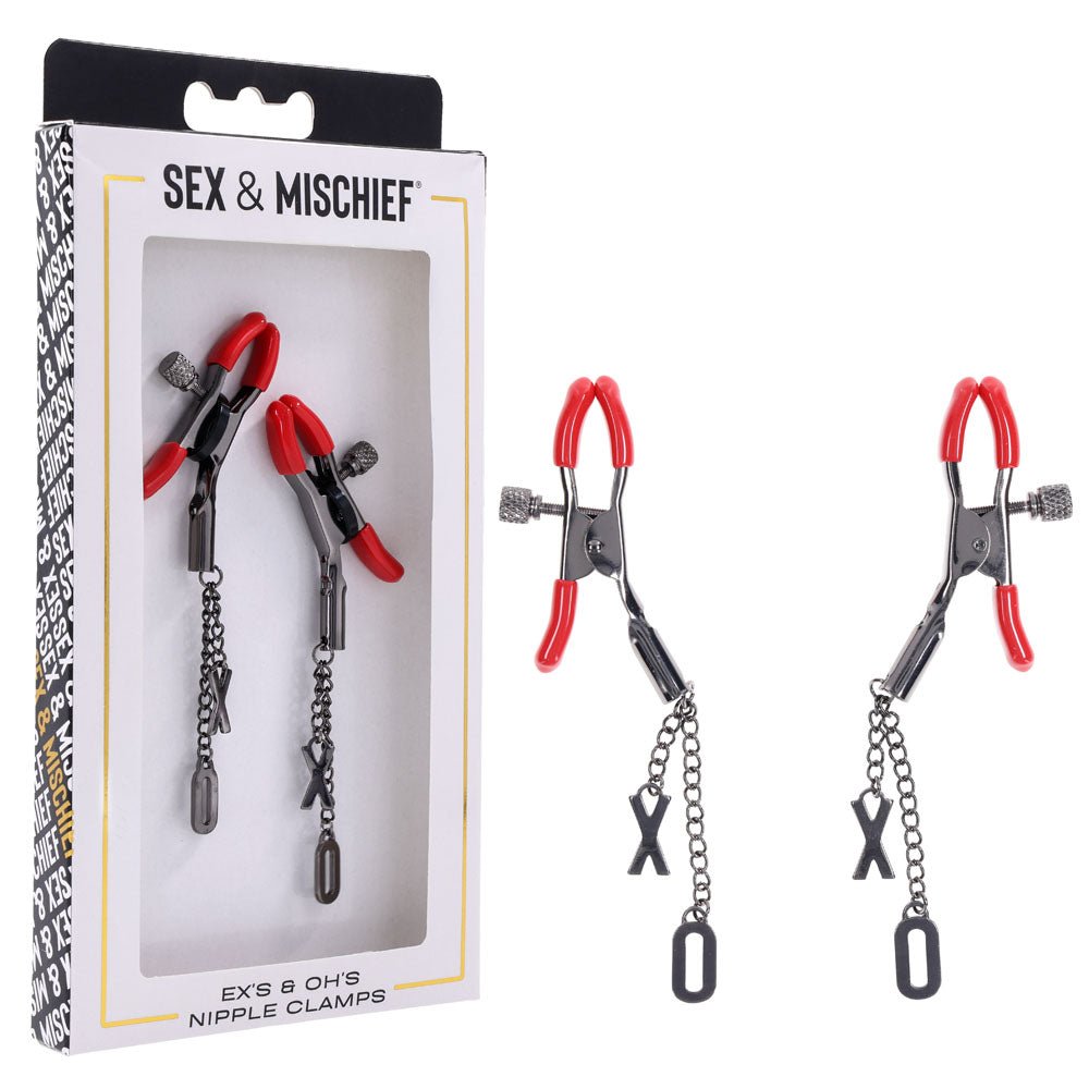 S&M Exs & Ohs Nipple Clamps - Red Tipped Metal Nipple Clamps - Set of 2 - silkandsin