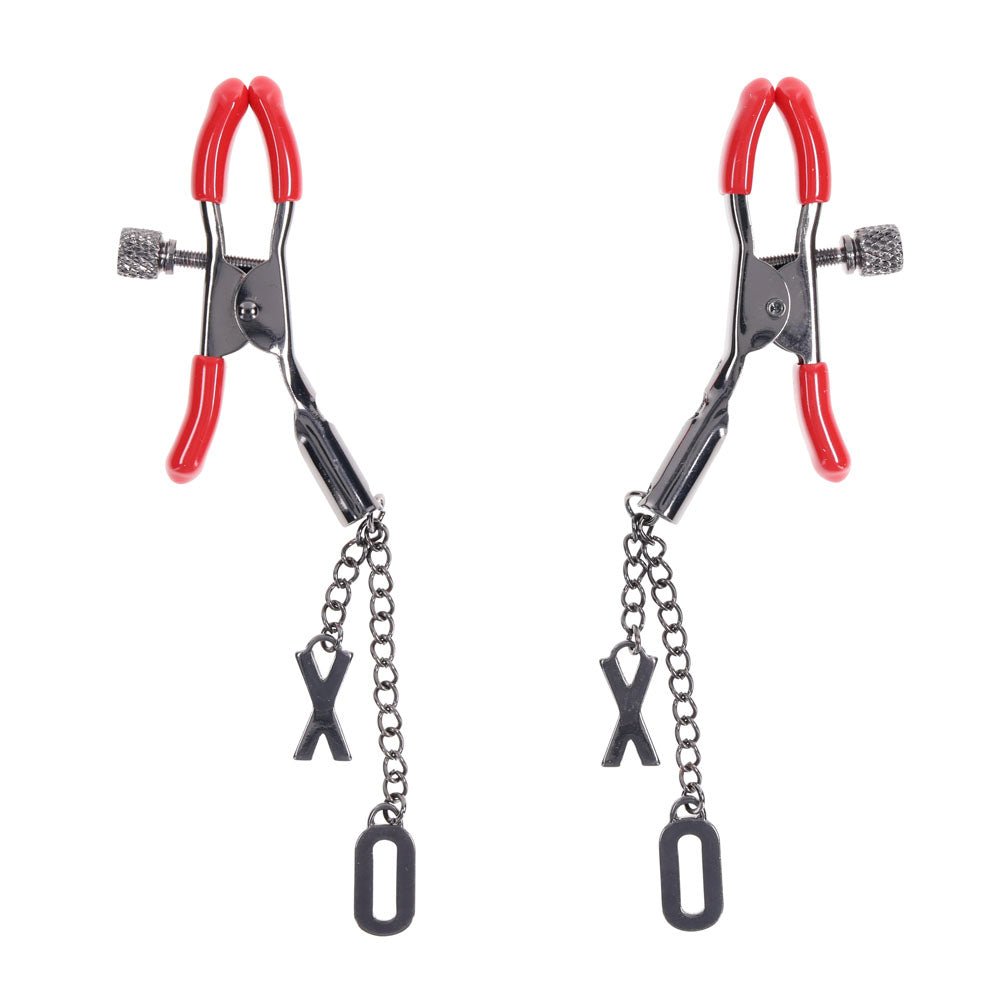 S&M Exs & Ohs Nipple Clamps - Red Tipped Metal Nipple Clamps - Set of 2 - silkandsin