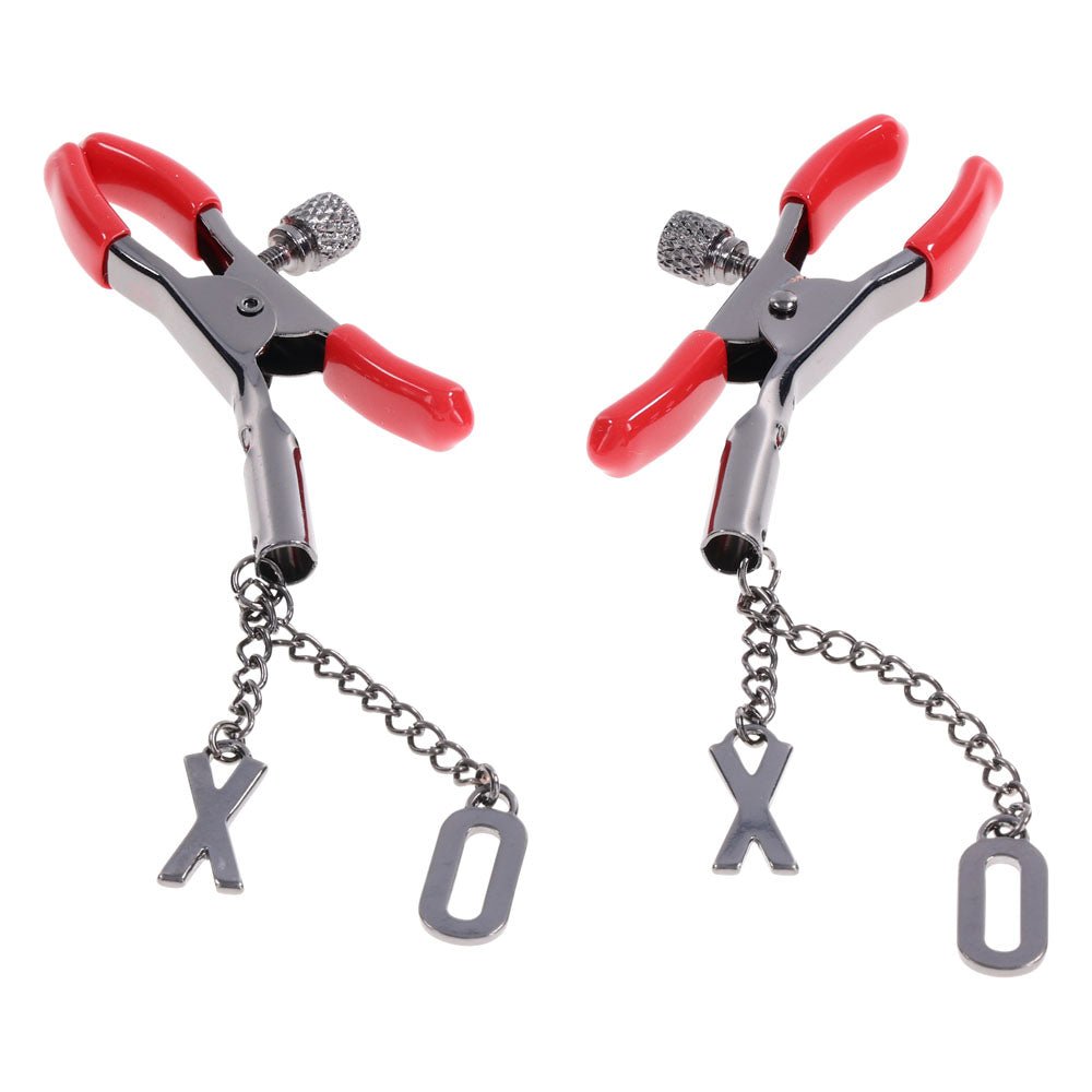 S&M Exs & Ohs Nipple Clamps - Red Tipped Metal Nipple Clamps - Set of 2 - silkandsin