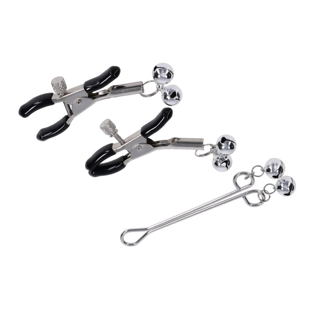 S&M Shadow Bell Nipple and Clit Jewelry - Metal Nipple Clamps and Clitoris Clamp - Silk and Sin