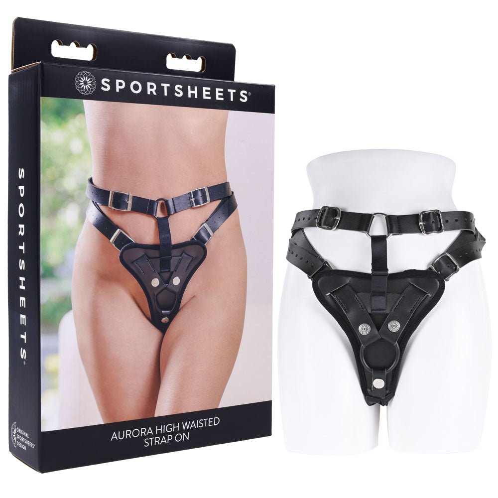 SPORTSHEETS Aurora High Waisted Strap On - Black Adjustable Strap - On Harness (No Probe Included) - silkandsin
