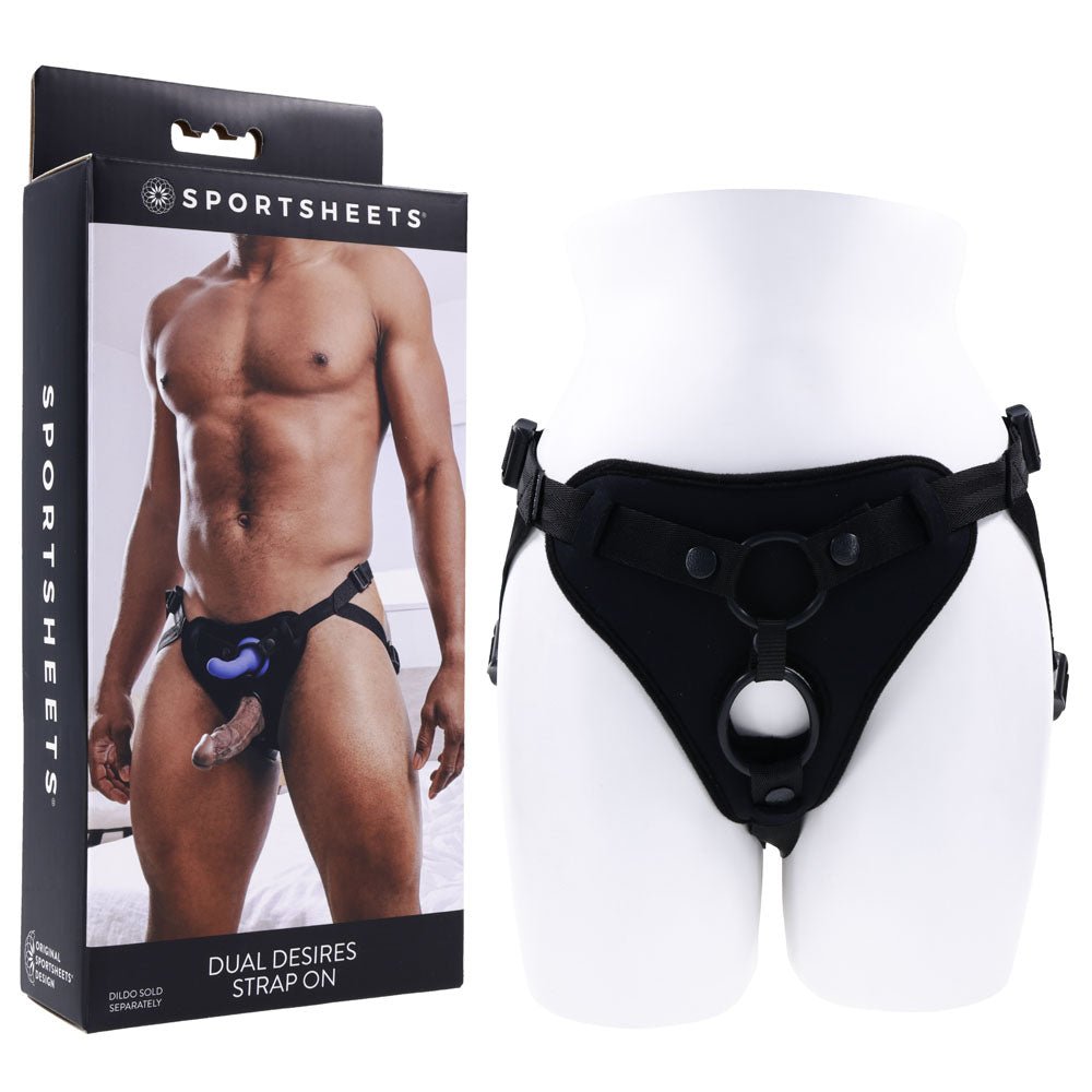 SPORTSHEETS Dual Desires Strap On - Black Adjustable Strap - On Harness (No Probe Included) - silkandsin