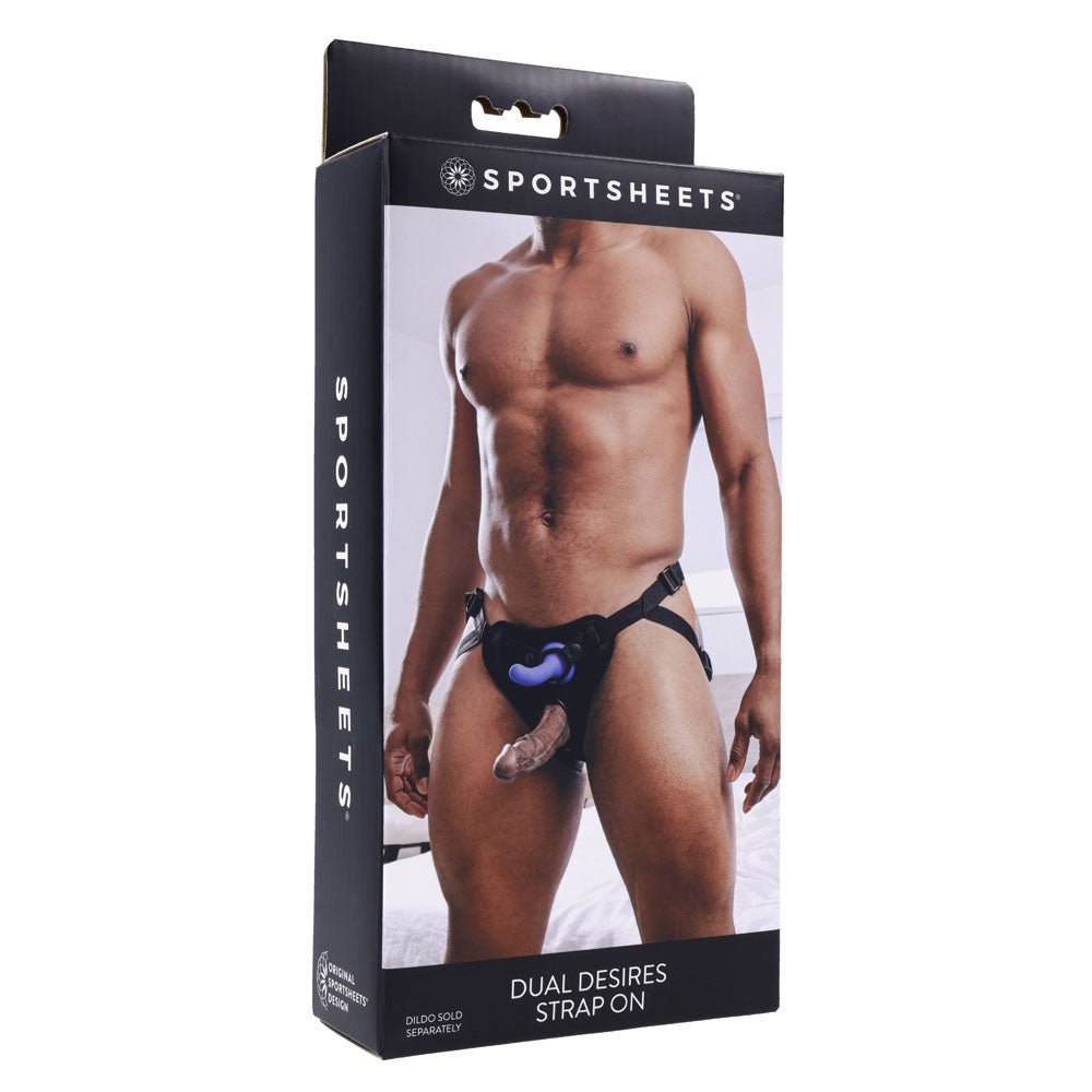 SPORTSHEETS Dual Desires Strap On - Black Adjustable Strap - On Harness (No Probe Included) - silkandsin