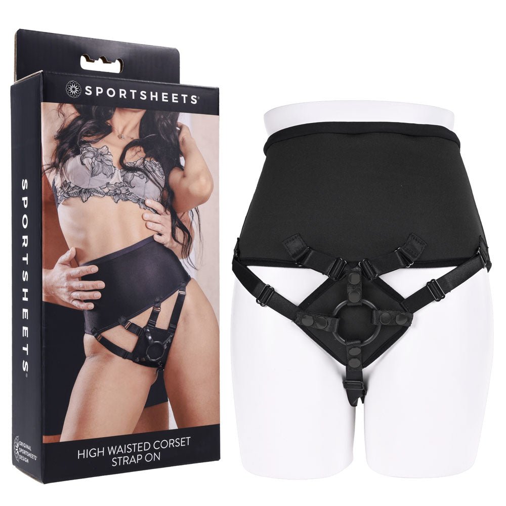 SPORTSHEETS High Waisted Corset Strap On - Black Adjustable Strap - On Harness (No Probe Included) - silkandsin
