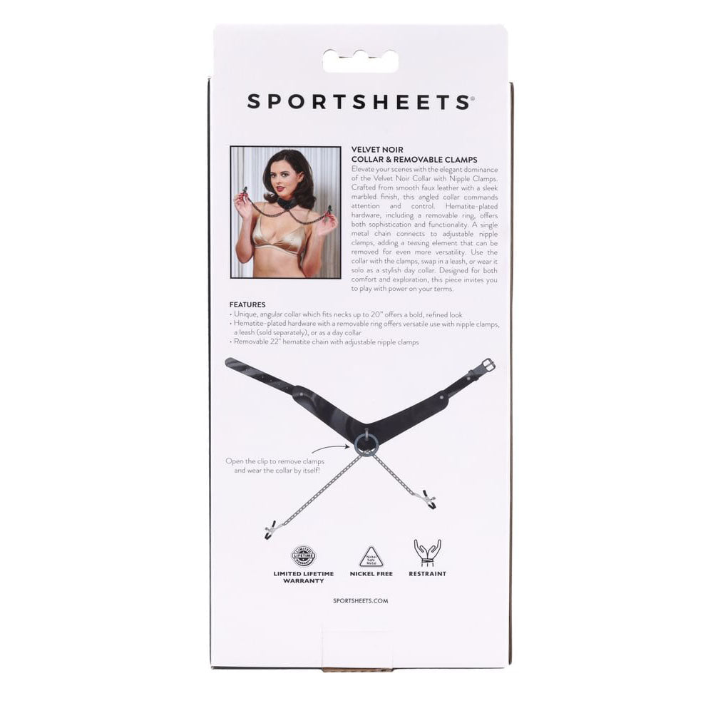 SPORTSHEETS Velvet Noir Collar & Removable Clamps - Black Neck & Nipple Restraints - silkandsin