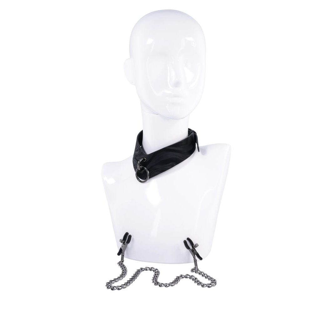 SPORTSHEETS Velvet Noir Collar & Removable Clamps - Black Neck & Nipple Restraints - silkandsin