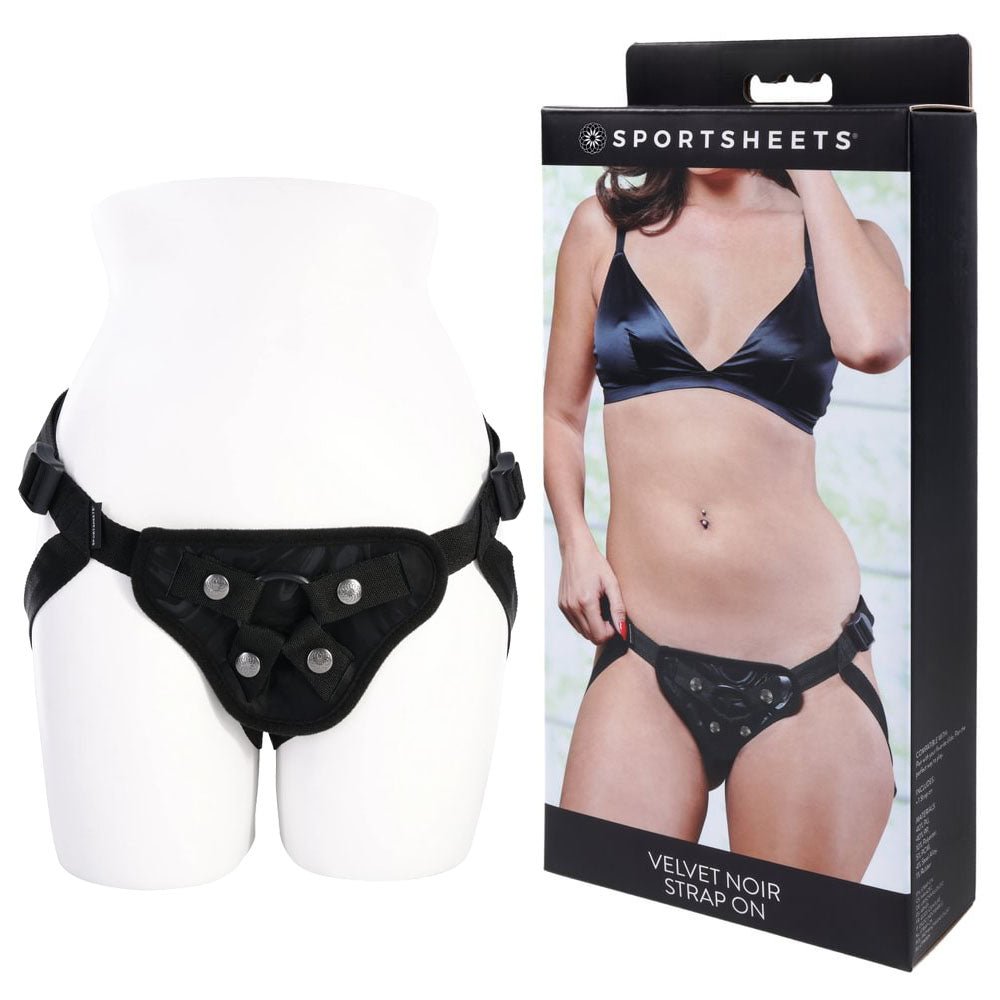 SPORTSHEETS Velvet Noir Strap On - Black Adjustable Strap - On Harness (No Probe Included) - silkandsin