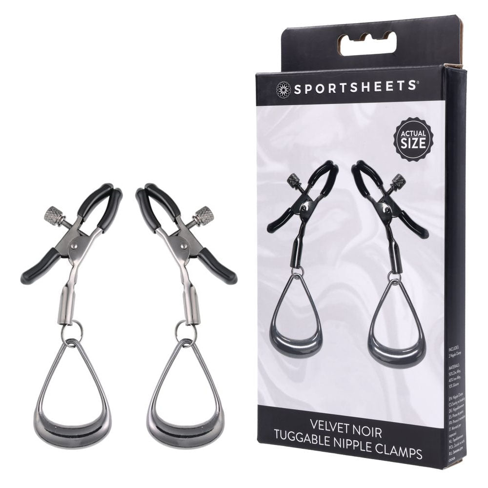 SPORTSHEETS Velvet Noir Tuggable Nipple Clamps - Gunmetal Adjustable Nipple Restraints - Silk and Sin