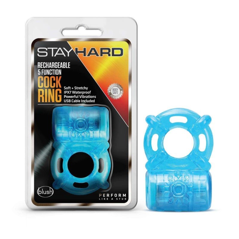 Stay Hard Rechargeable 5 Function Cock Ring - Blue USB Rechargeable Vibrating Cock Ring - Silk and Sin