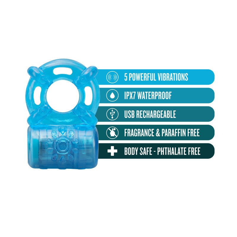 Stay Hard Rechargeable 5 Function Cock Ring - Blue USB Rechargeable Vibrating Cock Ring - Silk and Sin