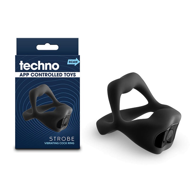 Techno - Strobe - Black - Black USB Rechargeable Vibrating Cock Ring with App Control - Silk and Sin