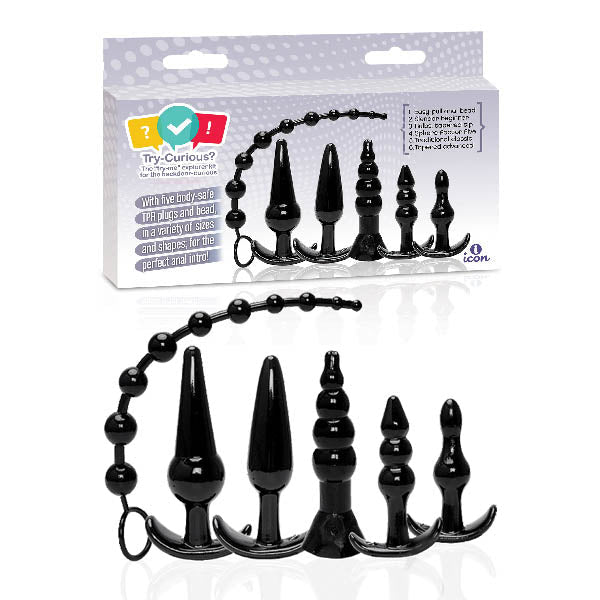 Try-Curious Anal Plug Kit - Black Anal Kit - Set of 6 - Silk and Sin