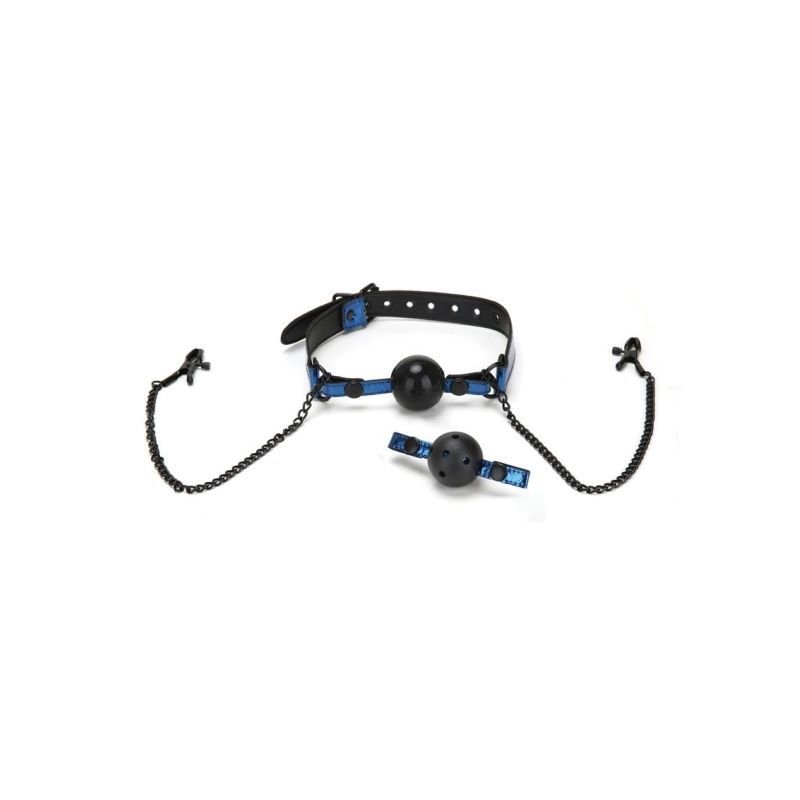 Whip Smart Diamond Ball Gag w Nipple Clips Blue - Silk and Sin