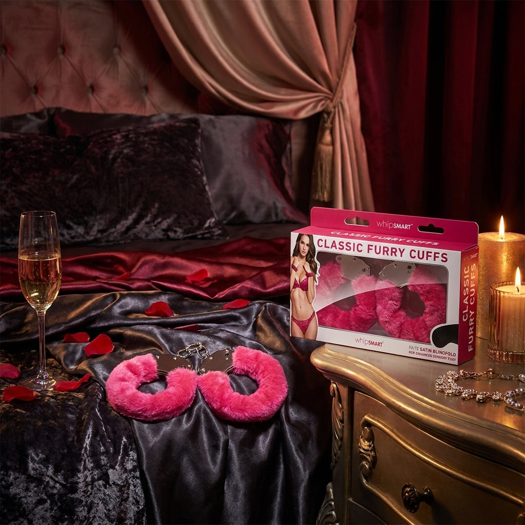 WhipSmart Classic Furry Cuffs - Hot Pink - Hot Pink Furry Restraints with Bonus Eye Mask - silkandsin