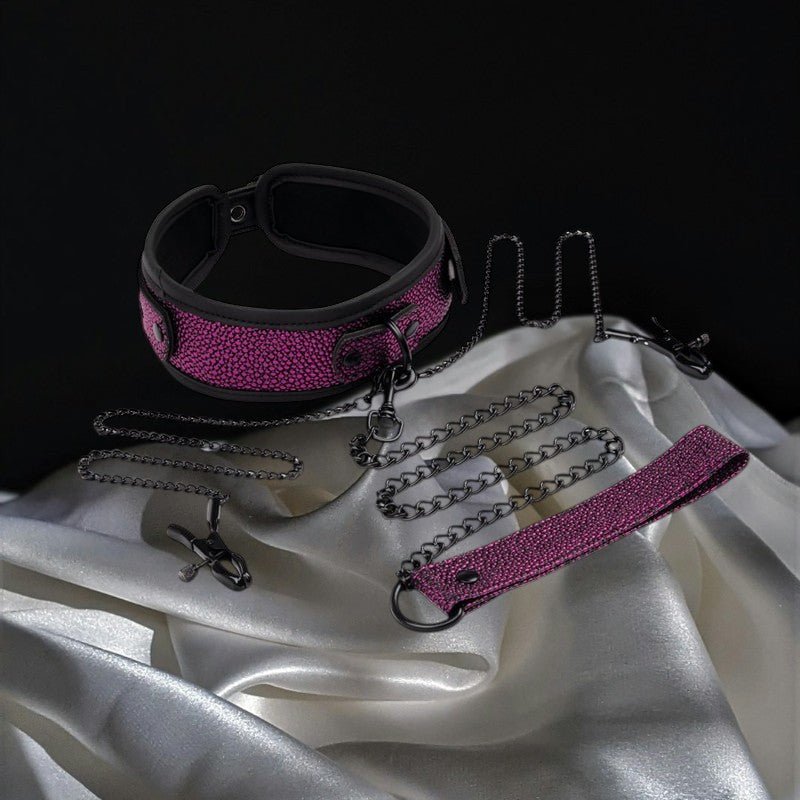 WhipSmart Dragons Lair Collar, Leash & Nipple Clips Set - Purple/Black Restraints - silkandsin