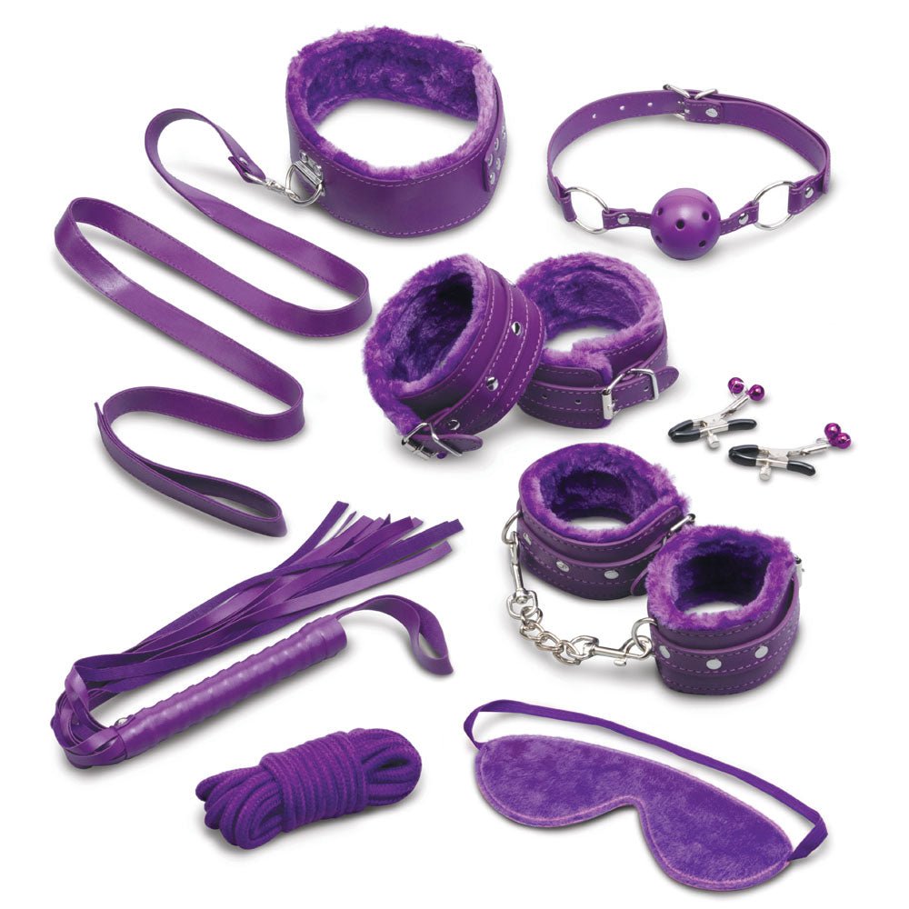 WhipSmart Fuzzy Everything You Need Bondage Kit - Purple Bondage Kit - 12 Piece Set - Silk and Sin