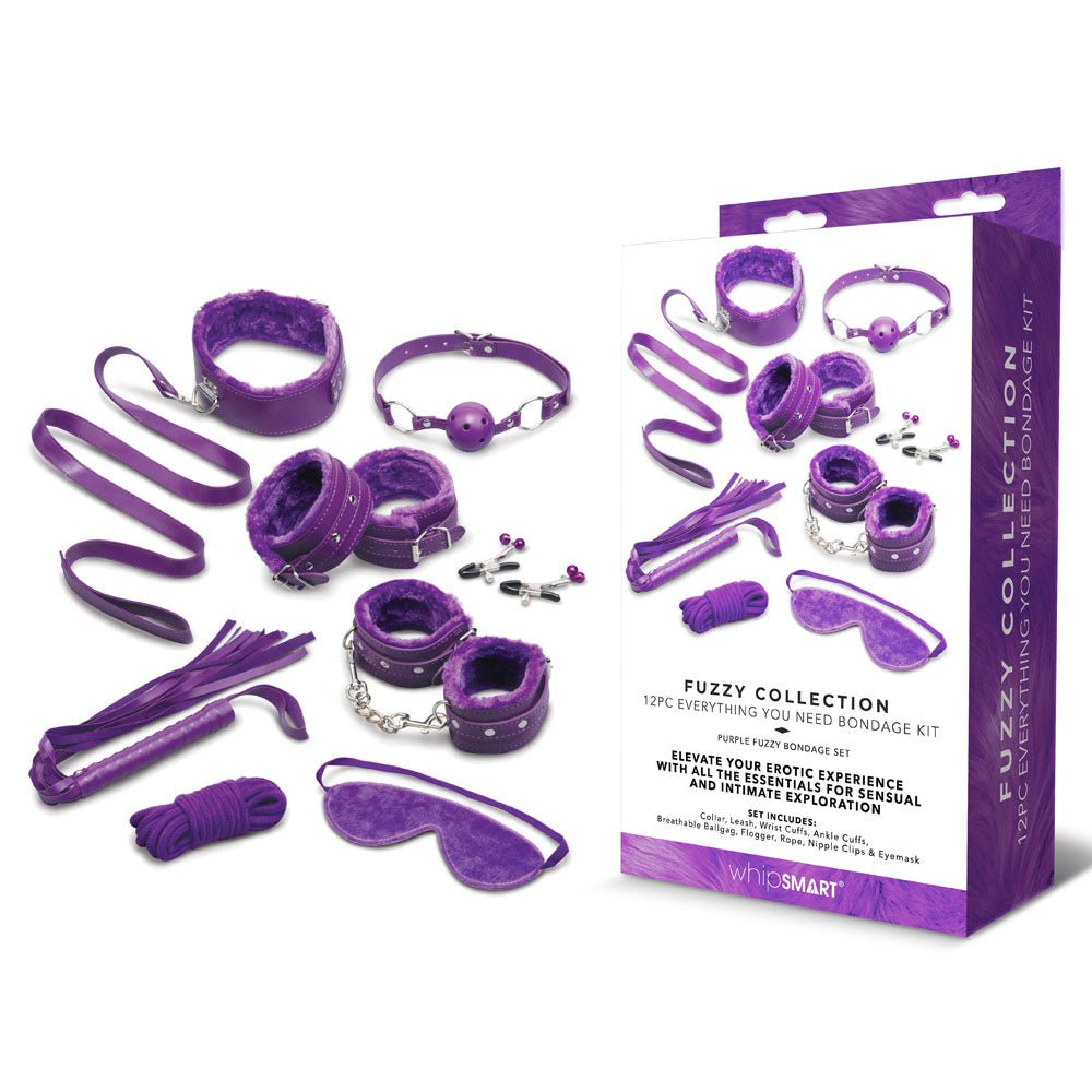 WhipSmart Fuzzy Everything You Need Bondage Kit - Purple Bondage Kit - 12 Piece Set - Silk and Sin