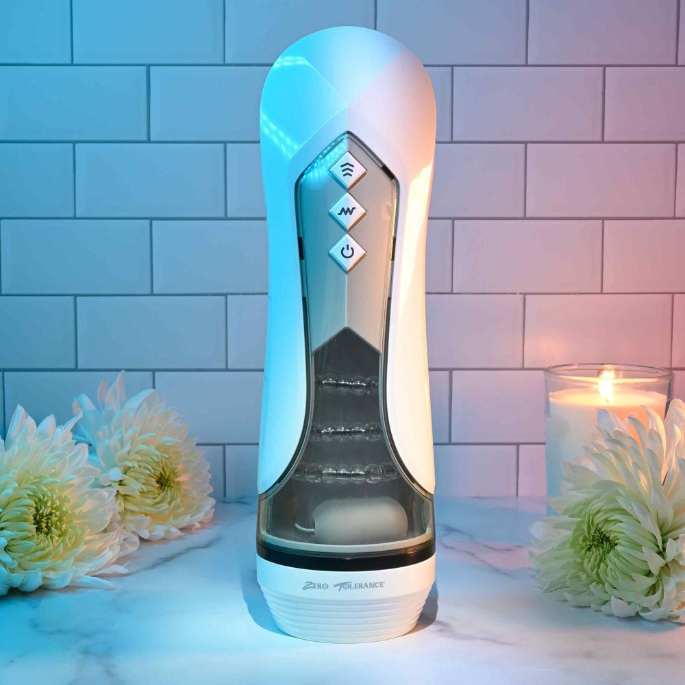 Zero Tolerance STROKING BUDDY - White USB Rechargeable Vibrating & Thrusting Stroker - silkandsin