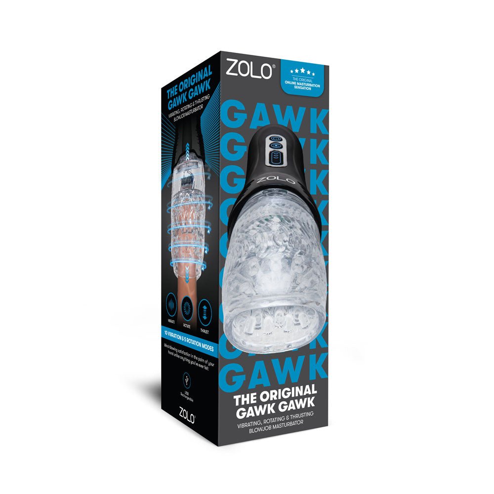Zolo The Original Gawk Gawk - Clear USB Rechargeable Vibrating, Rotating & Thrusting Masturbator - silkandsin