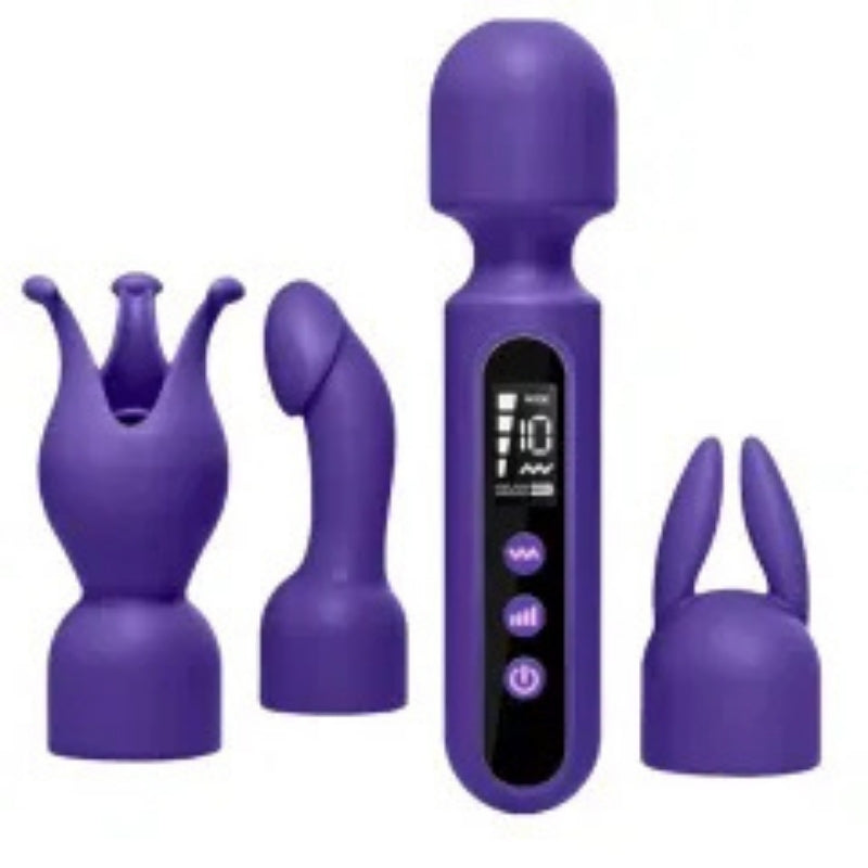 10-Speed Multi-Attachment Wand Massager – Purple Rechargeable Waterproof Silicone Vibrator with 3 Heads
