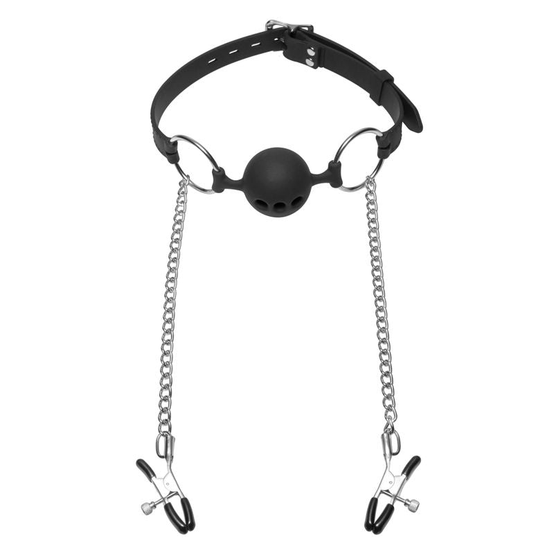 Hinder Breathable Silicone Ball Gag With Nipple Clamps-AD699