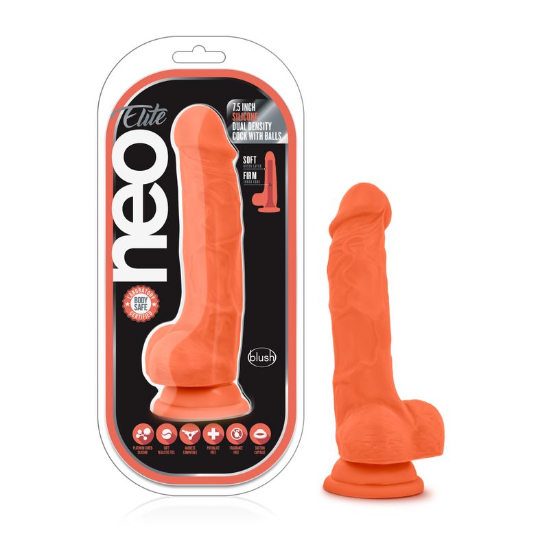 Neo Elite 7.5in Silicone Dual Density Cock with Balls Neon Orange-BL-82119