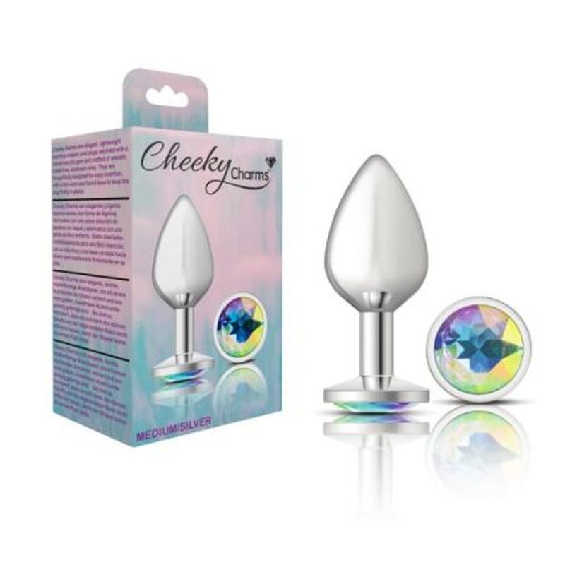 Cheeky Charms Silver Round Butt Plug w Clear Iridescent Jewel Medium-VB-CC9115-M